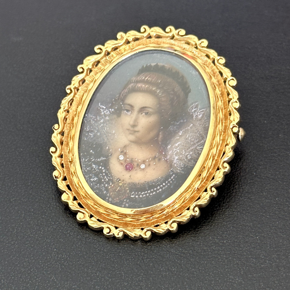 18K 750 Yellow Gold Antique Portrait Floral Scroll Framed Woman Pin Pendant - Picture 8 of 16